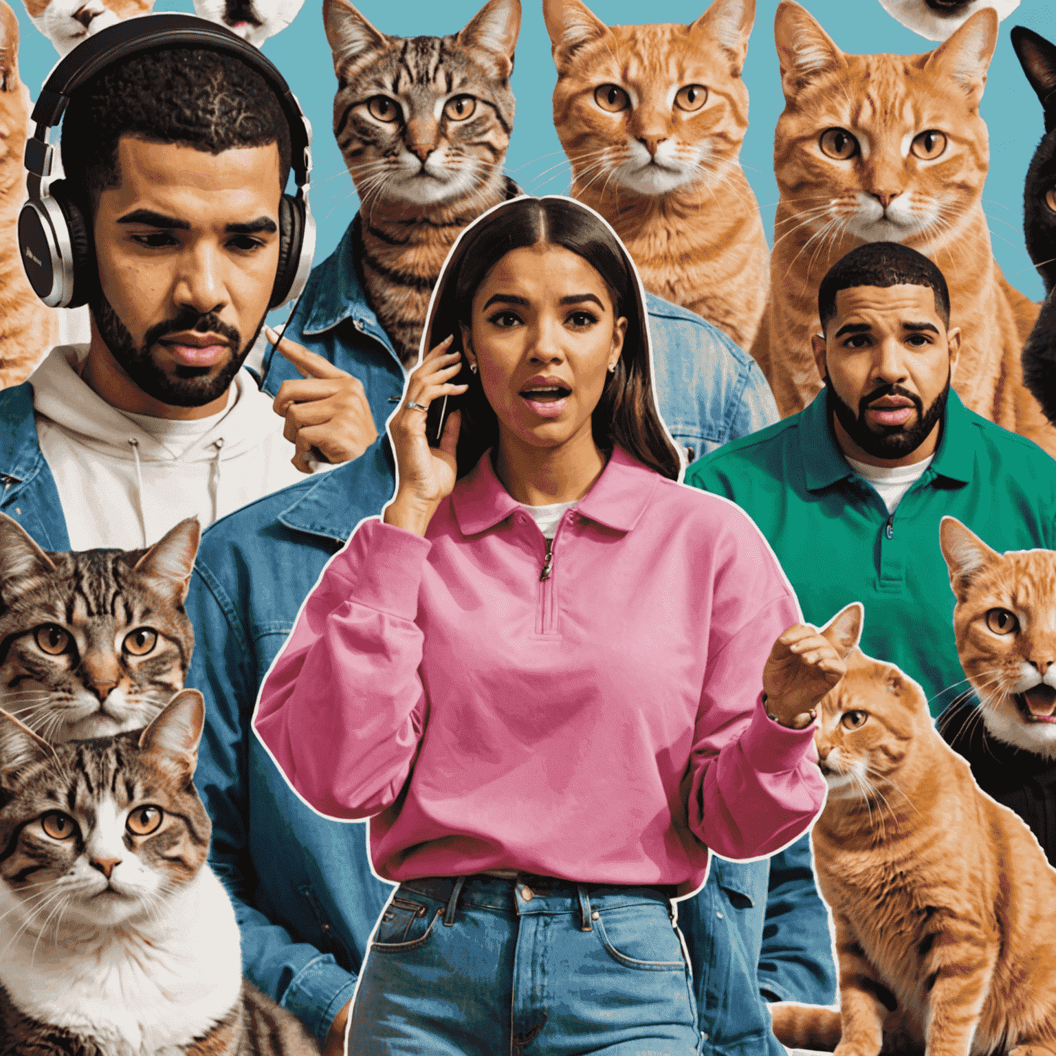 A collage of various popular memes including distracted boyfriend, woman yelling at cat, and Drake hotline bling, representing the current trending memes in the flock