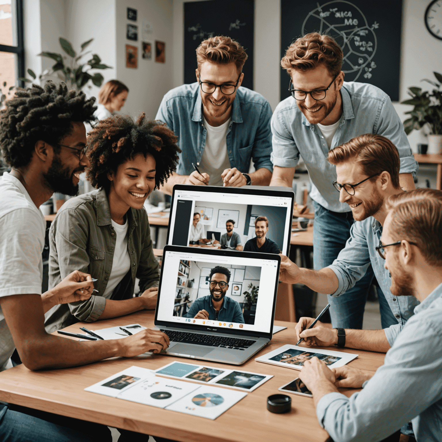 A group of people collaboratively creating memes on a digital canvas, with various templates and tools visible