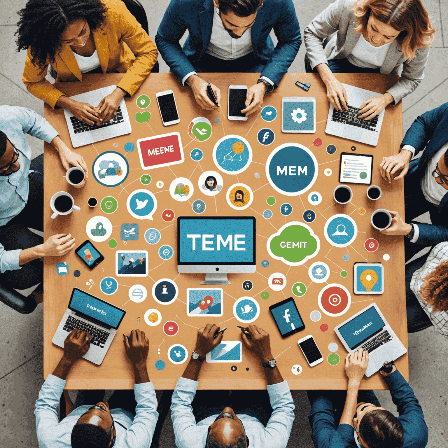 A group of diverse people working together on digital devices, creating and sharing memes in a collaborative environment. The image shows floating meme templates and icons representing teamwork and creativity.