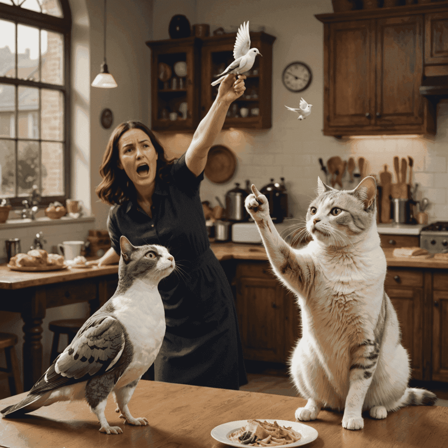 A meme mashup showing the 'Is This a Pigeon?' character pointing at the yelling woman from 'Woman Yelling at Cat' meme, with a confused Smudge the cat looking on