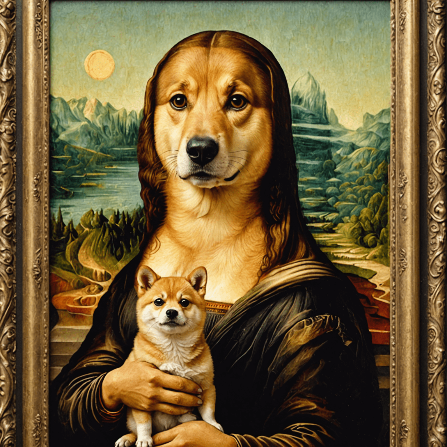 The Doge meme face photoshopped onto the Mona Lisa painting, creating a humorous blend of classic art and internet culture