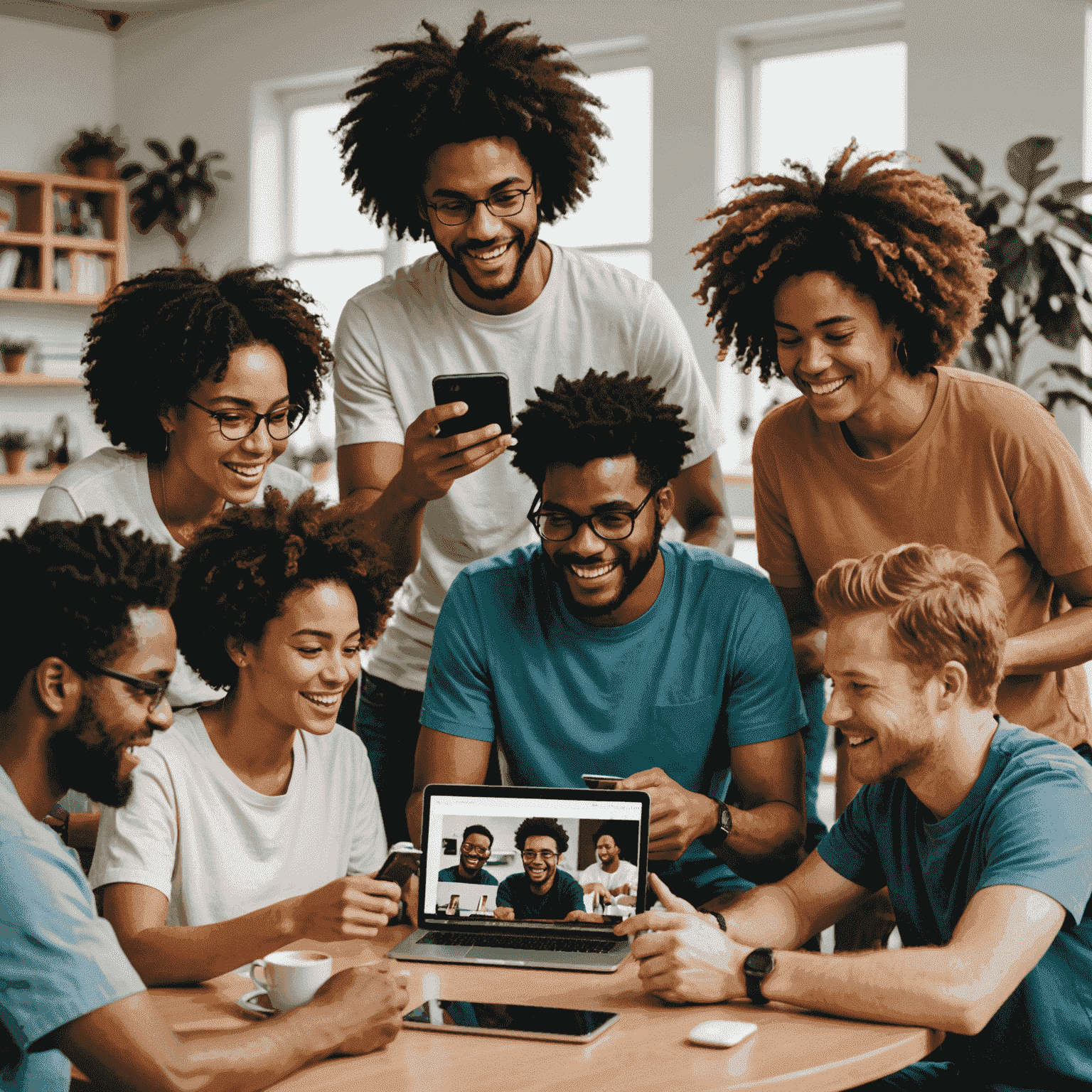 A group of diverse people interacting with memes on various devices, representing community engagement